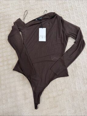 ZARA Chocolate Brown Long Sleeve Sheer Bodysuit